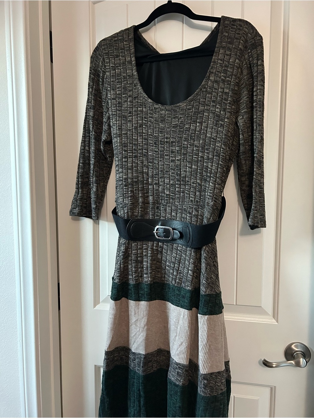 Signature by Robbie Bee Gray Knit Dress with Green and Cream Stripes